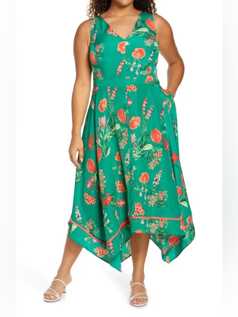 Vince Camuto Emerald Green Floral V-Neck Handkerchief Hem Dress